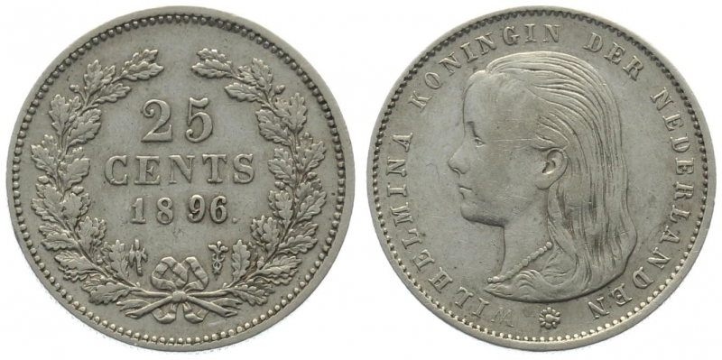 Niederlande 25 Cents 1896 - Wilhelmina I. - Langhaar